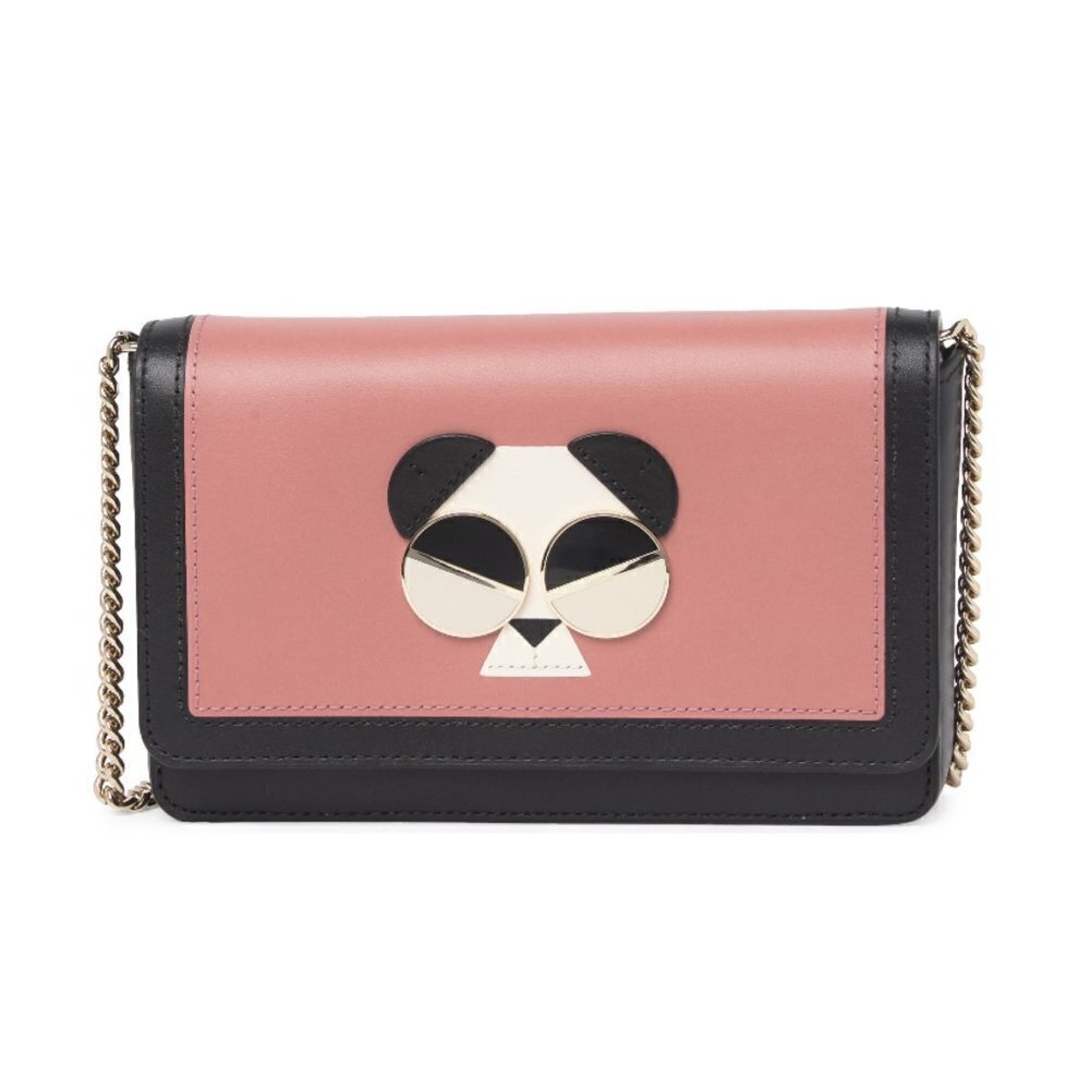 Kate Spade Womens Pink Leather Panda Bear Chain Fold Over Crossbody Handbags New